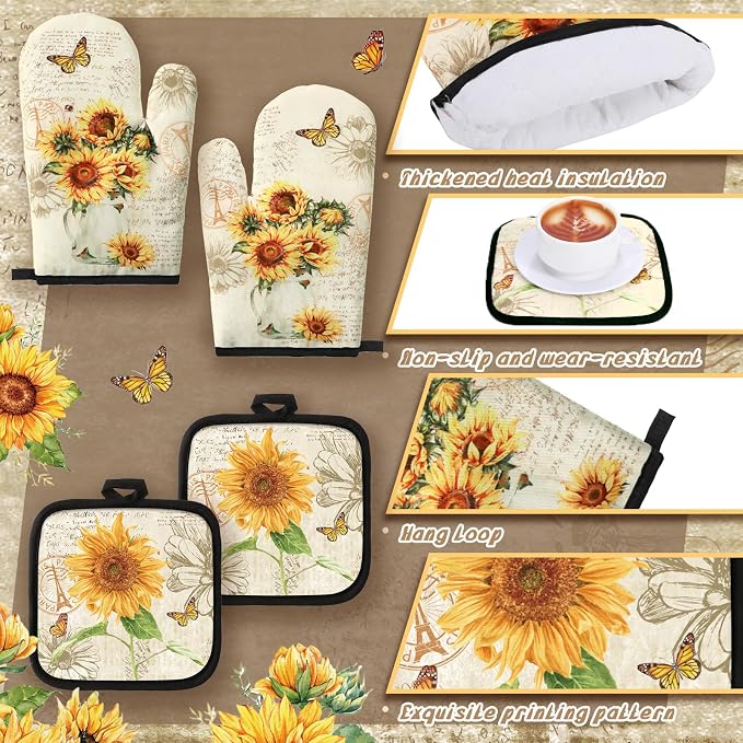 Fourluoo 10 Pcs Sunflower Kitchen Dish Towels Rugs Oven Mitts and Pot Holders - Image 5