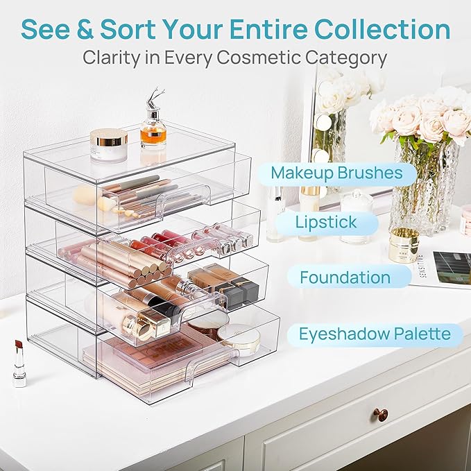 Vtopmart 12.1''W Clear Stackable Storage Drawers, 4 Pack Acrylic Plastic - Image 4