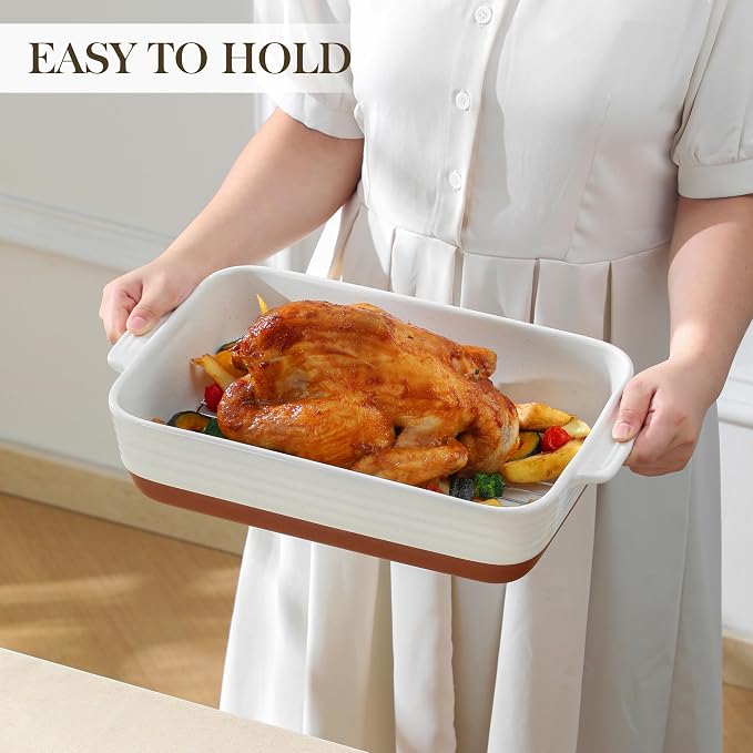 MALACASA Baking Dish with Rack, 4.8 Qt Ceramic Roasting Pan with Stainless - Image 6