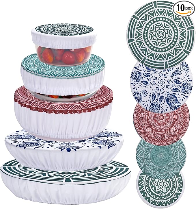 10Pcs Reusable Bowl Covers In 5 Size, Stretch Cloth Fabric Dish Cover Kitchen by CGFOXUO