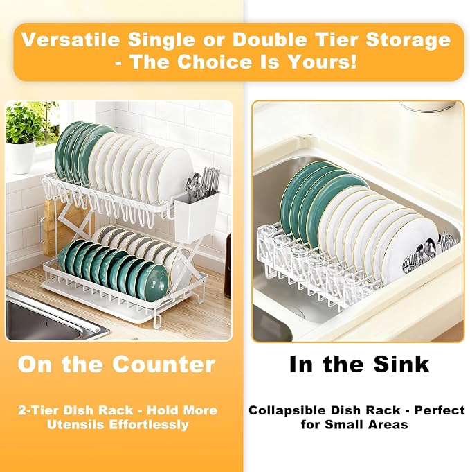 2-Tier Dish Racks for Kitchen Counter, Large Dish Drainers for Kitchens Counter - Image 6