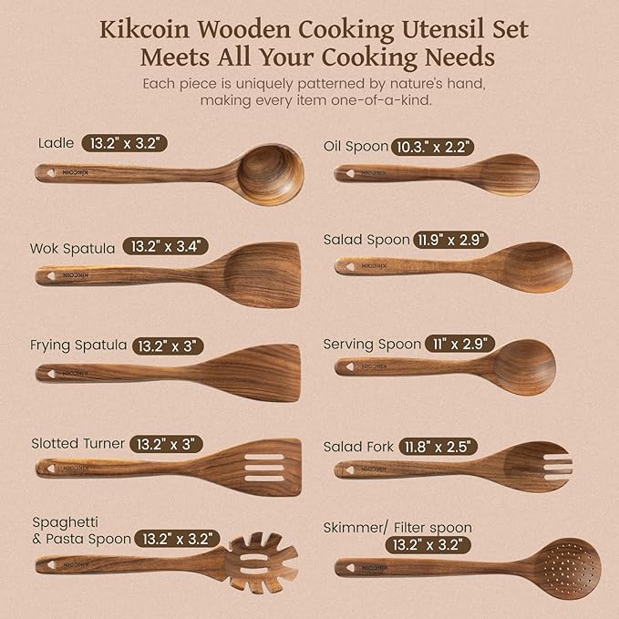 Kikcoin 10 PCS Durable Natural Teak Wooden Cooking Utensil Set, Non Toxic - Image 2