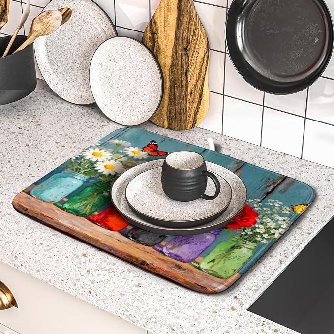 Small Dish Drying Mat for Kitchen Counter 16x18, Spring Summer Floral - Image 5