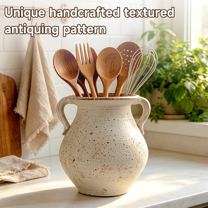 Rustic Kitchen Utensil Holder for Countertop, 7.6x4.9In Large Ceramic Cooking - Image 2
