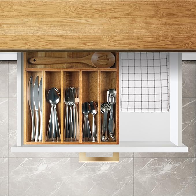 KITEISCAT Acacia Wood Silverware Organizer, Kitchen Utensil Drawer Organizer - Image 6