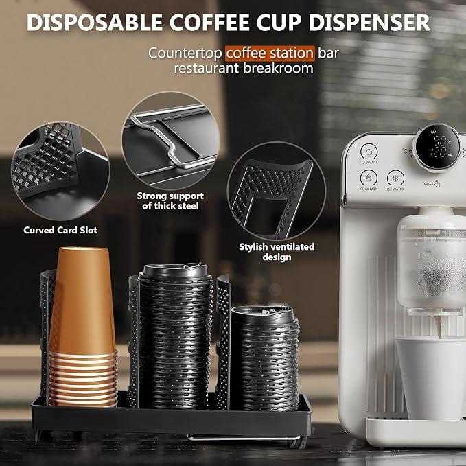 Paper Cup and Lid Holder, Disposable Coffee Cup Dispenser, 3-Slot Upright Paper - Image 3