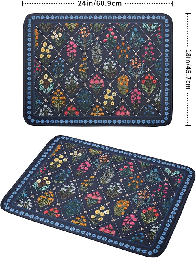 Lapis Blue Dish Drying Mat for Kitchen Counter Flowers Microfiber Absorbent - Image 2