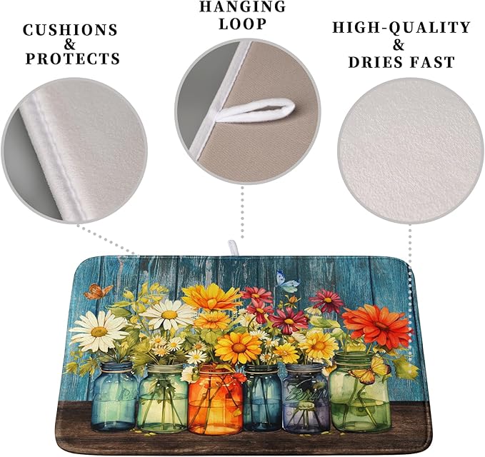 Daisy Dish Drying Mat for Kitchen Counter 16x18 Inch Rustic Vintage Flower - Image 3