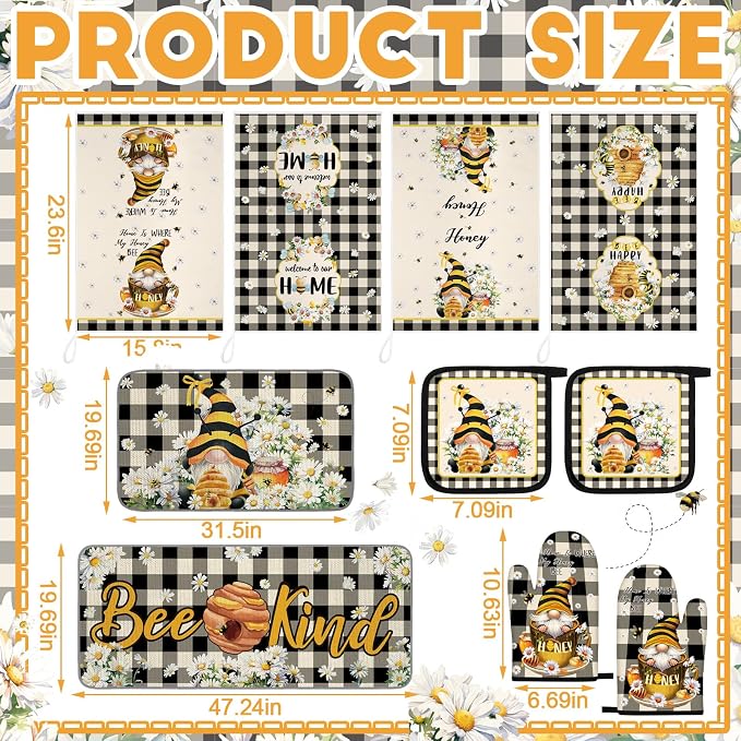 Fourluoo 10 Pcs Bee Kitchen Decor Set 4 Kitchen Towels 2 Pot Holders 2 Oven - Image 3