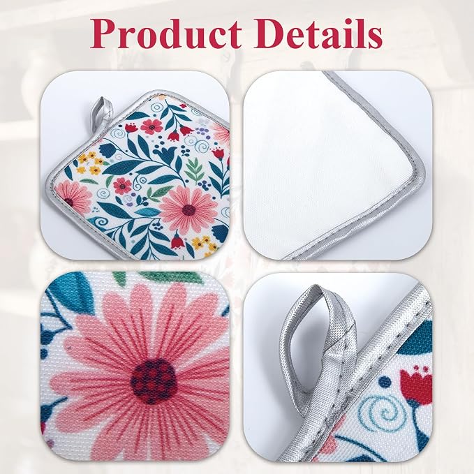 Floral Oven Mitts and Pot Holders Sets 2 Pcs, Canvas Heat Resistant Kitchen - Image 3