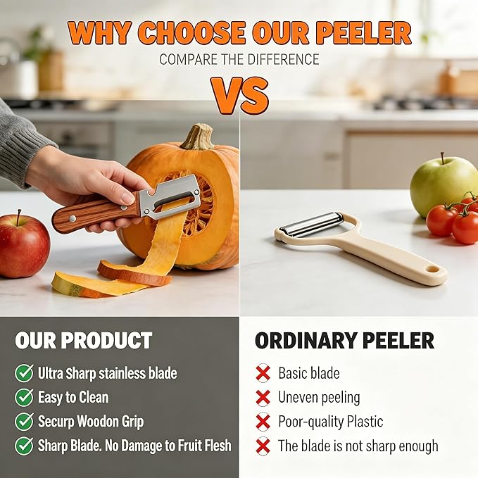 Multi-Functional Vegetable Peeler, Zero Snag Wooden Handle Stainless Steel - Image 2