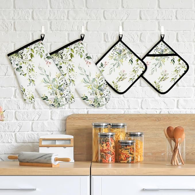 Eucalyptus Leaves Oven Mitts and Pot Holders Sets Sage Green Botanical Floral - Image 6