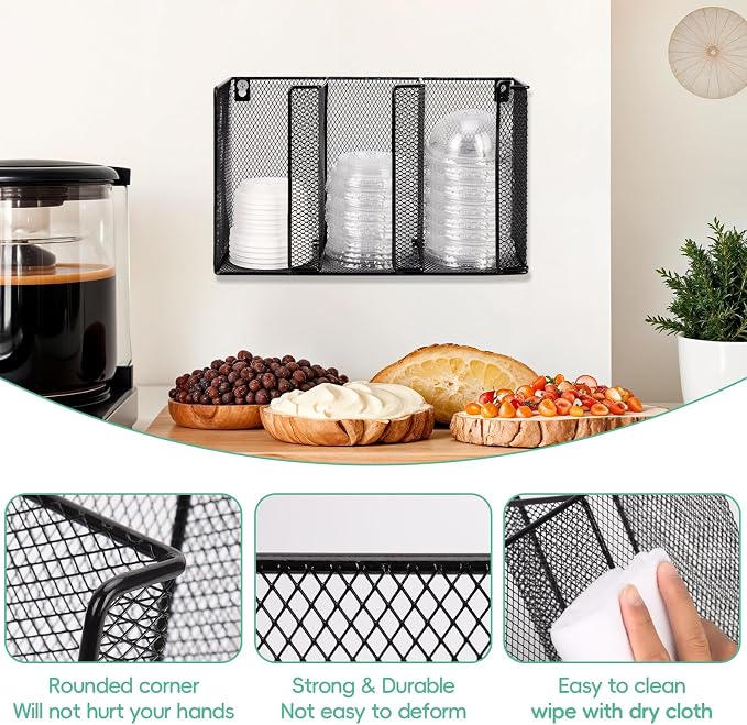 Wall Mount Coffee Cup Lid Holder Organizer 3 Compartments Coffee Cup Lid - Image 3