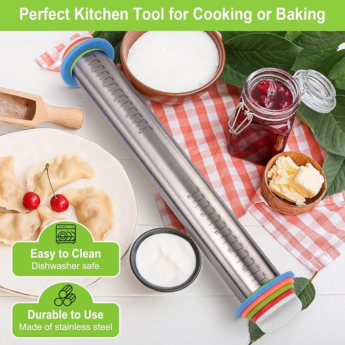 Rolling Pin with Thickness Rings and Silicone Baking Mat, Adjustable Stainless - Image 5