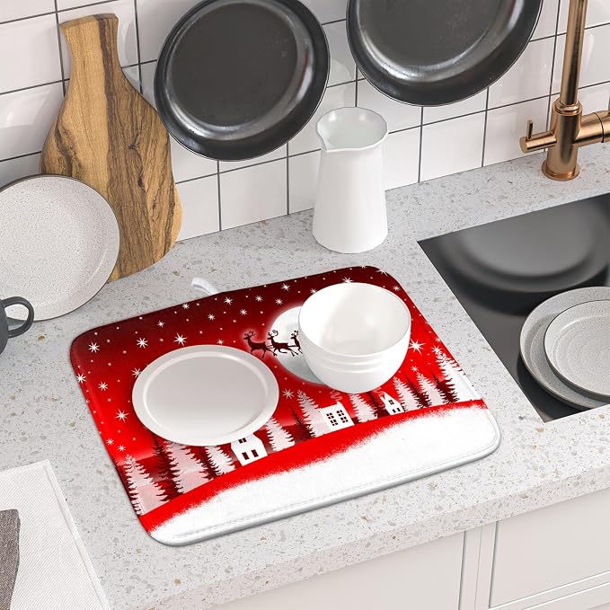 Christmas Reindeer Moon Star Red Dish Drying Mat - Image 6