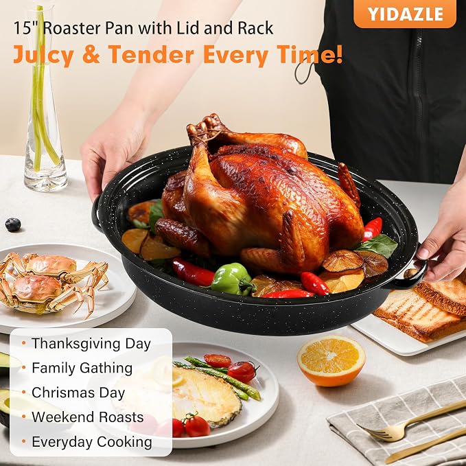 15” Roaster Pan with Lid and Rack, Small Enamel Roaster Pan with Oval Roasting - Image 7