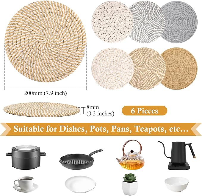 Billbotk 8" Trivets for Hot Dishes, Hot pots and Pans, 6 Heat Resistant Hot Pads - Image 2