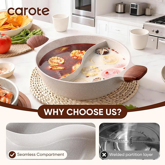 CAROTE Hot Pot with Divider Double Flavor Divided Stockpot with Glass Lid - Image 6
