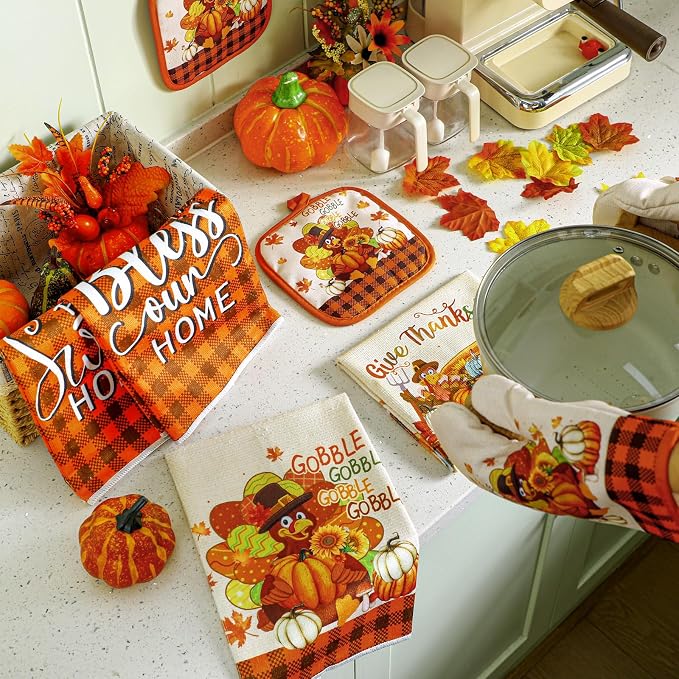 Fanfanwin 10 Pcs Fall Thanksgiving Turkey Kitchen Decor Set Kitchen Towels Pot - Image 8
