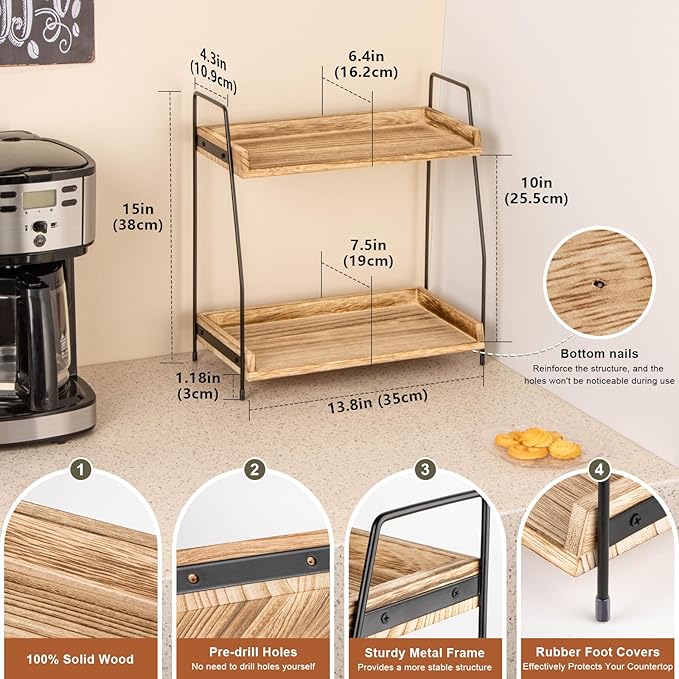 ANBOXIT Countertop Coffee Station Organizer, 2 Tier Wooden Shelf - Image 2