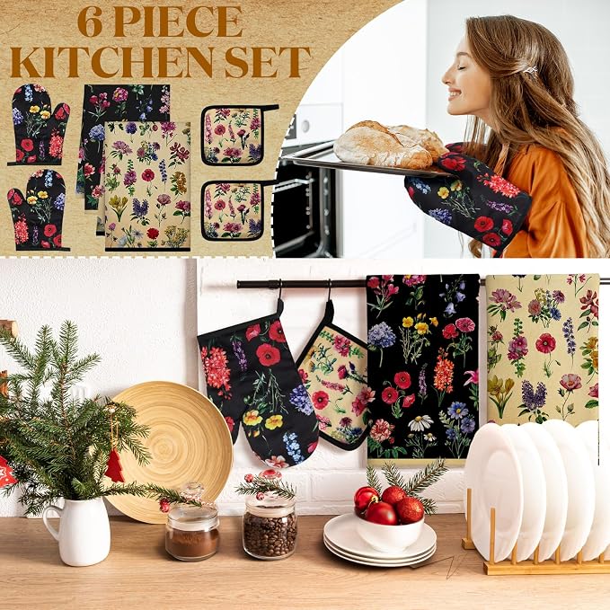Bencailor 6 Pcs Vintage Wildflower Kitchen Towels Oven Mitts and Pot Holders - Image 2