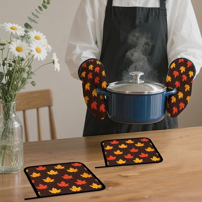 Maple Leaf Oven Mitts and Pot Holders Set, Autumn Kitchen Decor Heat Resistant - Image 7