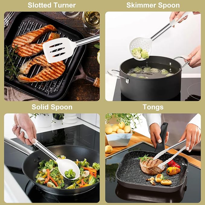 E-far Silicone Cooking Utensils Set, Slotted Turner, Soup Ladle, Pasta Server - Image 4