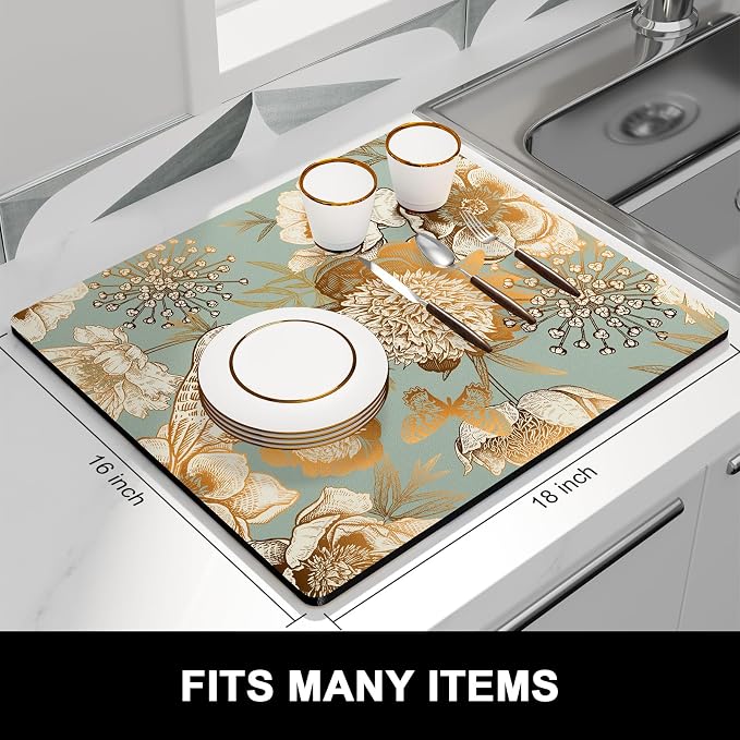 Rnivvi Dish Drying Mat for Kitchen Counter, 16 x 18" Cute Flower Theme - Image 3