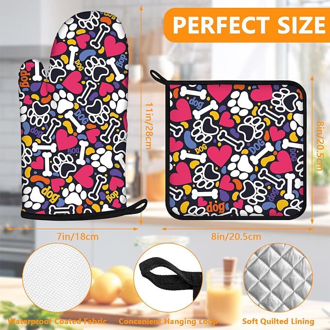 Paw Prints Oven Mitts and Pot Holders Sets 4Pcs, Extra Long Oven Gloves - Image 2