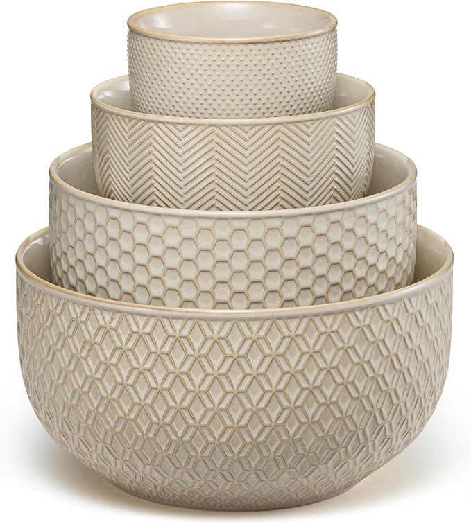 KooK Ceramic Mixing Bowls, Nesting Set of 4, Embossed Kitchen Dishware by Kook