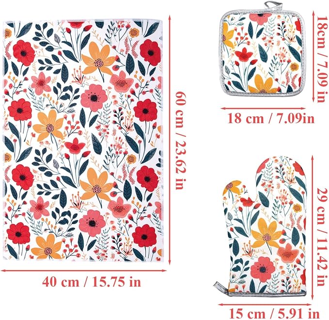 3 Pcs Kitchen Stuff, Wild Floral Kitchen Oven Mitts and Pot Holders Sets - Image 3