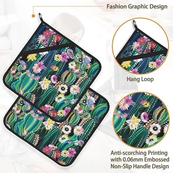 Blooming Cactus Succulents Flowers Pot Holder Set of 2, Heat Resistant - Image 4