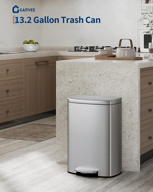 GarveeHome Stainless Steel Kitchen Trash Can, 13 Gal / 50 L Step-On Garbage Bin - Image 2