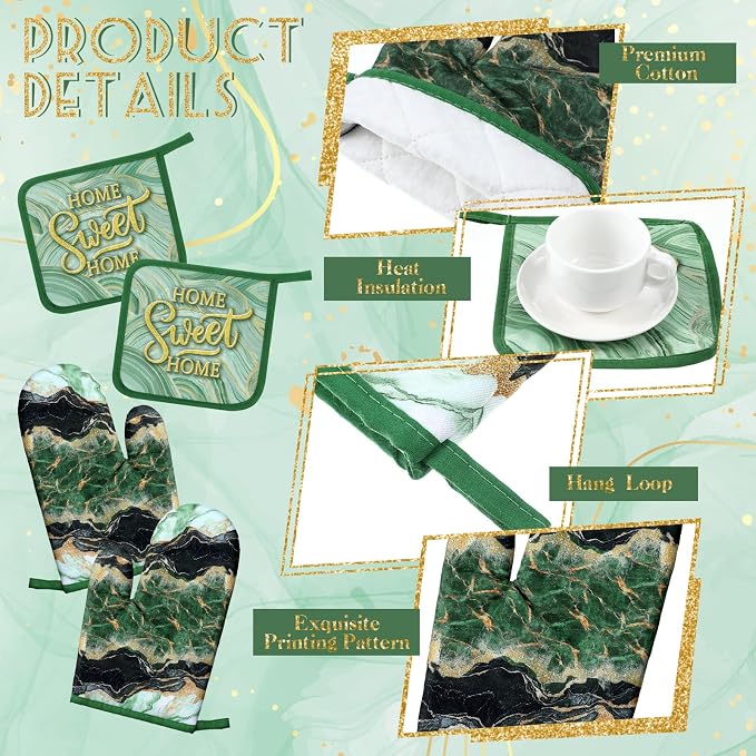 Bencailor 6 Pcs Marble Kitchen Decor Gold Pot Holders Oven Mitts 2 Dish Towels - Image 5