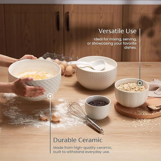 KooK Ceramic Mixing Bowls, Nesting Set of 4, Embossed Kitchen Dishware - Image 3