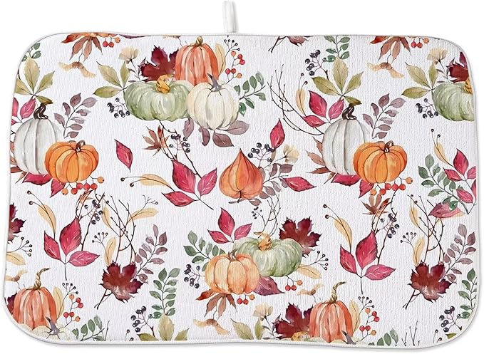 Fall Autumn Dish Drying Mat 18 x 24 inch Thanksgiving Pumpkin Maple Leaf Flower by AEIOAE