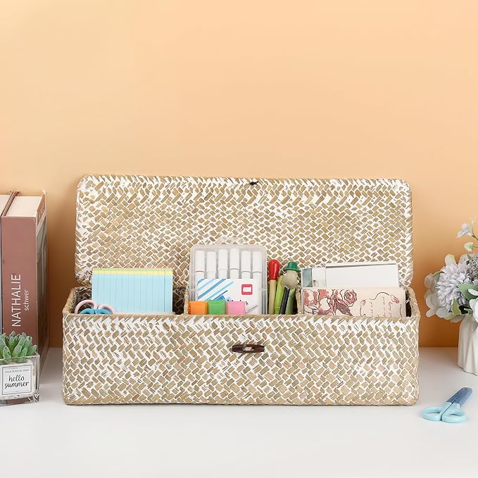 Hipiwe Storage Basket with Lid 3 Sections Handwoven Seagrass Basket Rectangular - Image 4