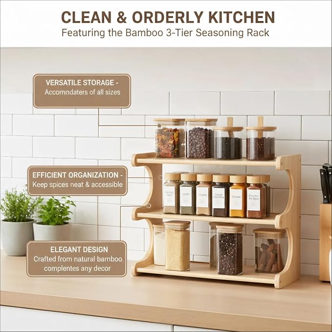 Spice Rack, 3-Tier Bamboo Spice Rack Organizer - Image 5