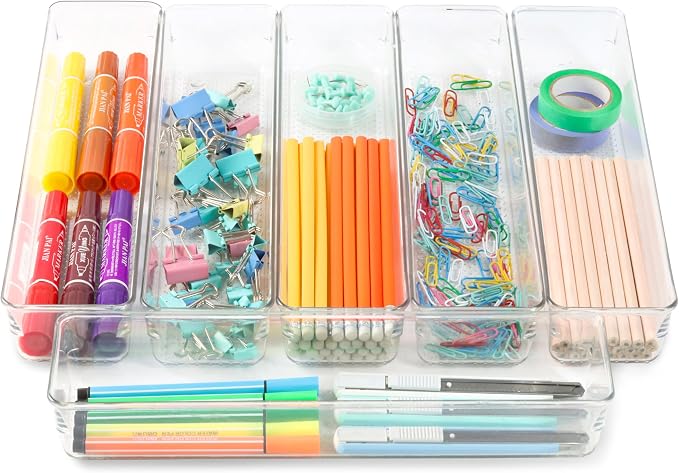 6 Set Clear Plastic Junk Drawer Organizer Vanity Curlery Utensil Makeups - Image 5