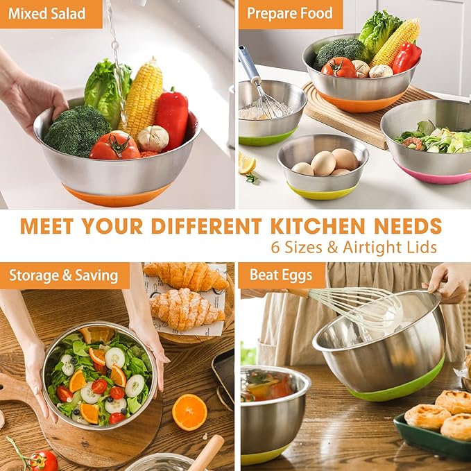 Umite Chef Mixing Bowls with Airtight Lids, 6 Piece Stainless Steel Metal Bowls - Image 5