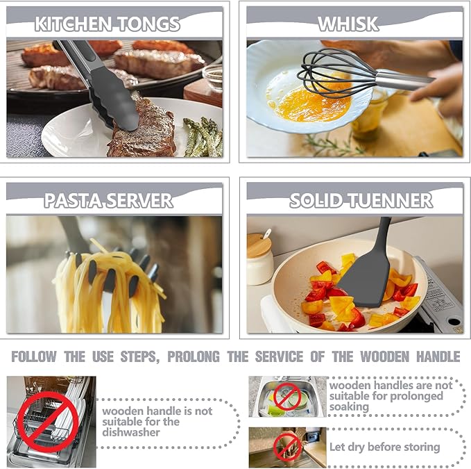 Umite Chef Silicone Kitchen Utensil Set, Wood Handles - Image 3