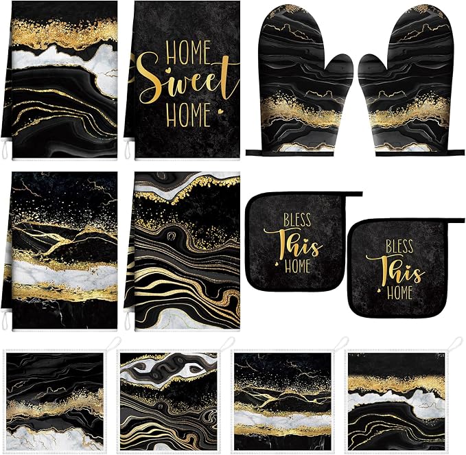 Bencailor 12 Pcs Marble Kitchen Decor and Accessories Sets 4 Black and Gold by Bencailor
