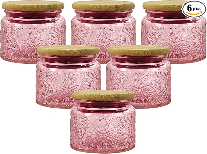 4 oz Pink Glass Jars with Airtight Bamboo Lids 6 pack, Decorative Small Food by LINGSHINE