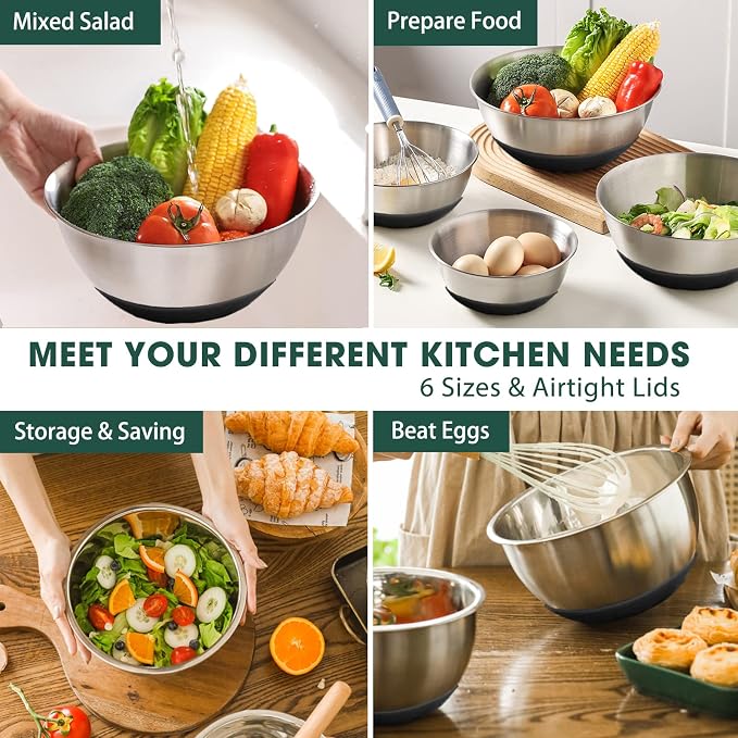 Umite Chef Mixing Bowls with Airtight Lids，6 piece Stainless Steel Metal - Image 3