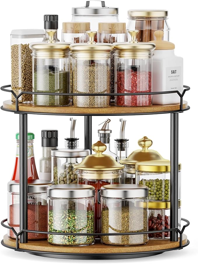 12.4" Lazy Susan Organizer 2 Tier, Rotating Spice Rack, Wooden Spinning Spice by Lifesmoreorganizedtidyup