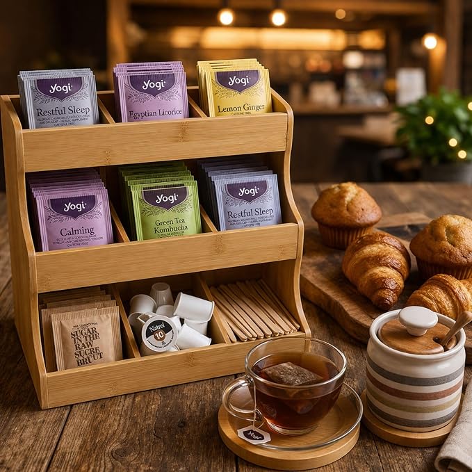 Tea bag organizer with 3-tier storage & 4 matching coasters. Fully assembled. - Image 9