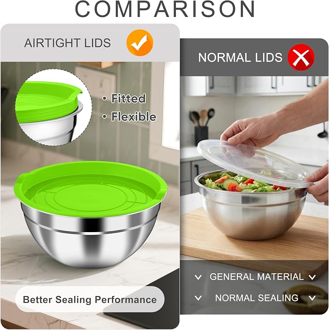 HaWare Mixing Bowls with Airtight Lids, 6-Piece Stainless Steel Salad Bowls - Image 5