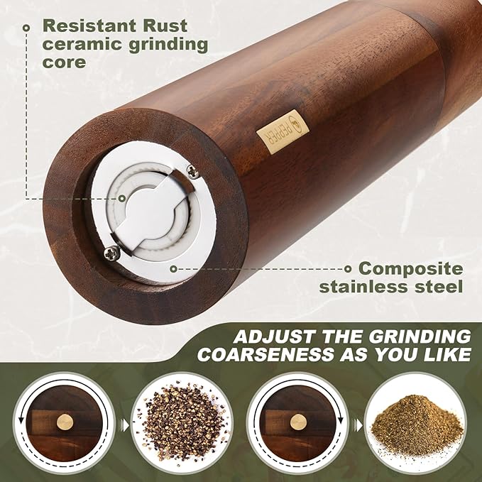 Wooden Salt and Pepper Grinder Set 8 Inch Manual Salt and Pepper Mill - Image 5