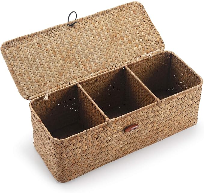 Seagrass Tank Basket with Lid Woven Toilet Roll Storage Basket with Sections by DECRAFTS