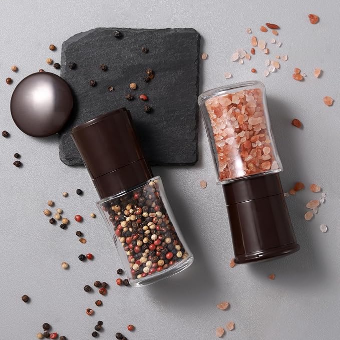 Vzaahu Salt and Pepper Grinder Set Brown, Refillable Small Shakers, Adjustable - Image 7